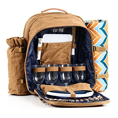 Afbeelding van CampFeuer Picknickrugzak voor 4 personen, bruin, 32 delige picknickset met flessenhouder en fleecedeken, groot koelvak, servies bestek