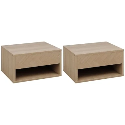 Afbeelding van HOMCOM Set van 2 Nachtkastjes voor wandmontage, schuiflade, nis, dienblad, hout, afmetingen: 37 x 32 21 cm, naturel