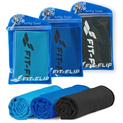 Afbeelding van serviette rafraîchissante lot de 3, 100x30cm, sport microfibre rafraîchissante, Airflip Cool Towel Couleur: bleu foncé/bleu/noir, dimensions: 100x30cm