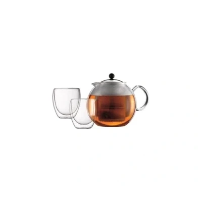Afbeelding van Bodum K1833 16 Assam Tea Set Theepot met Glazen zuiger Kunststof filter Roestvrijstalen deksel 1.5 L + 2 Dubbelwandige Pavina 25 cl