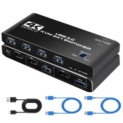 Afbeelding van 4 poorts HDMI KVM switch USB 3.0 4K @60Hz voor 2 pc&#039;s 1 monitor Met kabels