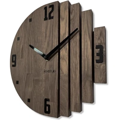 Afbeelding van FLEXISTYLE Asymmetrische wandklok van eikenhout Voor badkamer en woonkamer Diameter zonder tikkend geluid Houtlook (eiken/bruin, 30 cm)
