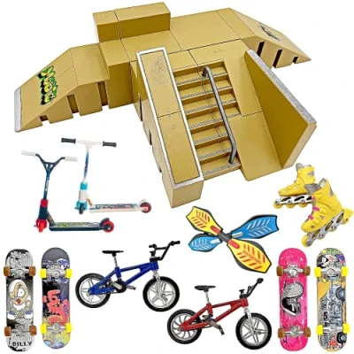Afbeelding van Finger Skateboard Ramp Set Skatepark Kit 16 delig Skate Park bestaande uit skateboards, hellingen, scooters, skates, fietsen Fingerboard
