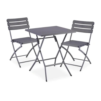 Afbeelding van Relaxdays 3 delige balkonset tafel met 2 stoelen inklapbaar kunststof &amp; staal houtlook grijs