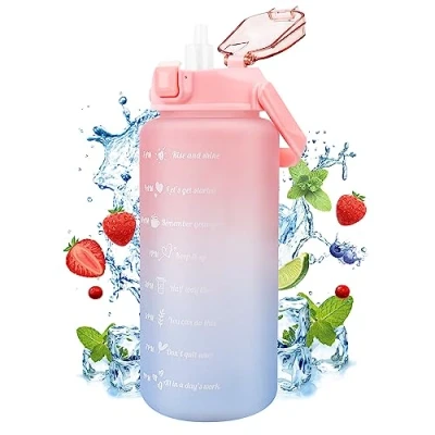 Afbeelding van Drinkfles met rietje, 2 liter, sportdrank, BPA vrij, lekvrij, sportwaterfles rietje en tijdmarkering voor school, outdoor, fiets, fitness, wandelen