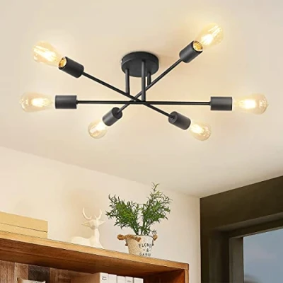 Afbeelding van ANWIO Zwarte kroonluchter, hanglamp met 6 armen E27 stekker voor keuken, woonkamer, slaapkamer, eetkamer, hal, magazijn (zonder lampen)