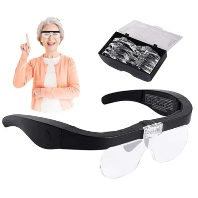 Afbeelding van DXIA Vergrootglas, reparatievergrootglas, handsfree vergrootglas met 2 ledlampjes, 4 lenzen 1,5 x 2,5 3,5 5 x, voor handwerk, reparatie van sieraden, vrije tijd