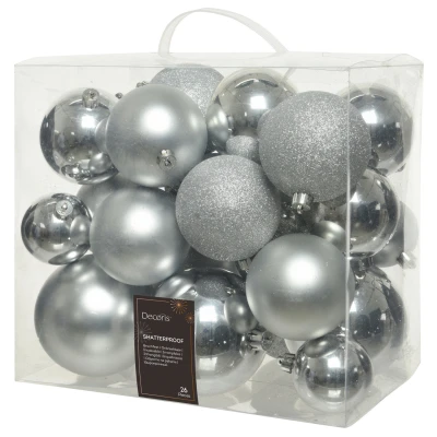 Afbeelding van Decoris Kerstballen Mix Kerstboomversiering Zilver 26 stuks 3 Assortiment