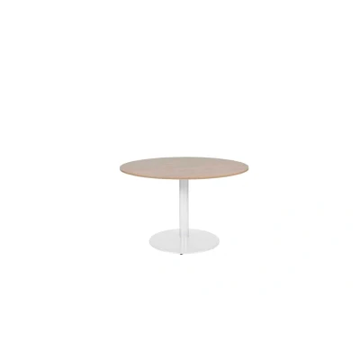 Afbeelding van Linesto 120cm ronde vergadertafel op vaste hoogte (74cm) met havana/ kersen licht 25mm blad en witte (RAL9010) trompetvoet