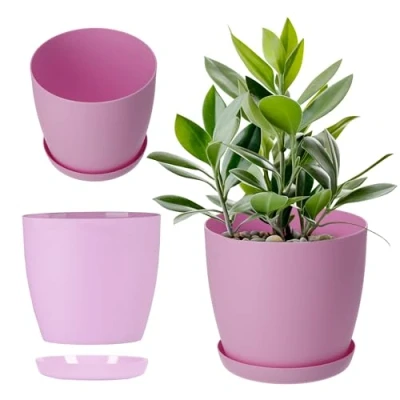 Afbeelding van KADAX Bloempot met onderkant, ronde kunststof plantenbak, diameter 25 cm, mat glanzend, voor cactussen en varens, geschikt balkon, appartement terras, roze