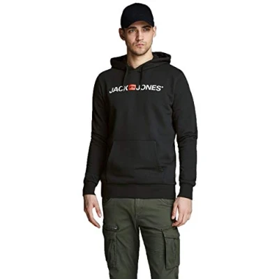 Image de JACK &amp; JONES Homme Sweatshirt capuche Jjecorp Logo Sweat Hood Noos, Noir (Black Detail:reg Fit), S