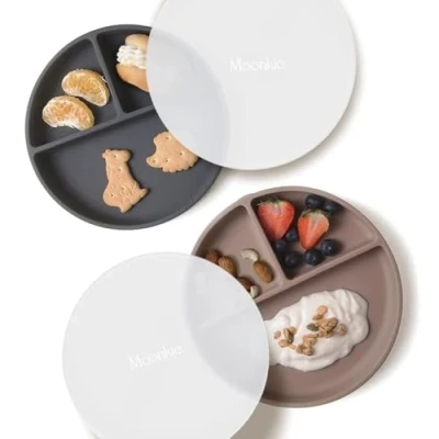 Afbeelding van Moonkie borden met zuignap voor kinderen en jongeren, verdeelde van BPA vrije siliconen deksel, magnetron vaatwasmachinebestendig, 2 verpakkingen (Warm Taupe/Dark Grey)