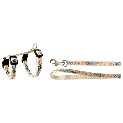 Afbeelding van Flamingo Kittenharnas + Lijn Topo Muismotief Kattentuigje Wit Print 20 35cm 10mm