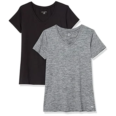 Image de Amazon Essentials T shirt Tech à manches courtes et col en V, extensible (disponible grande taille) Dames, 2 Pack, Gris Foncé Teinture Spatiale/Noir, M