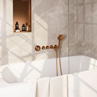 Afbeelding van Brauer Copper Edition Badkraan Inbouw douchegarnituur 20cm uitloop inbouwdeel 3 gladde knoppen handdouche rond standen PVD geborsteld