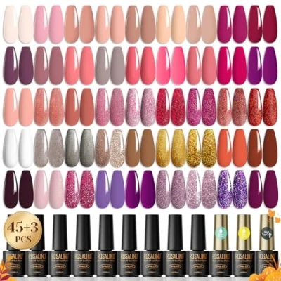 Afbeelding van ROSALIND Semi Permanente Nagellak 48 delig, 45 kleuren + 1 basis ＋1 toplaag glanzend mat, mini, nude, roze, rood, glitter, uv, led, gelnagellak