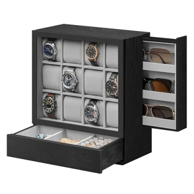 Afbeelding van SONGMICS 12 sleuven houten horlogedoos met venster, vitrine voor horloges massief fineer, verticale opslag, ruimtebesparend, cadeau idee, ebbenhout zwart JOW014B01