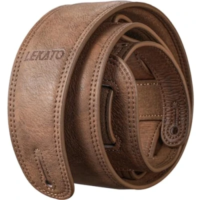 Afbeelding van LEKATO Gitaarriem van leer, met dikke schuimvulling, zacht en comfortabel, in lengte verstelbaar 104,1 cm tot 129,5 cm, voor basgitaar/elektrische/akoestisch/klassieke gitaren, Bruin