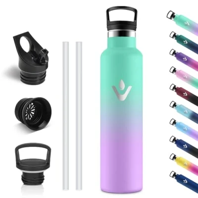 Afbeelding van Vikastar Roestvrijstalen thermosfles, 1 liter, BPA vrij, met rietje, voor school, sport, fietsen, kamperen, meergroen en lichtpaars