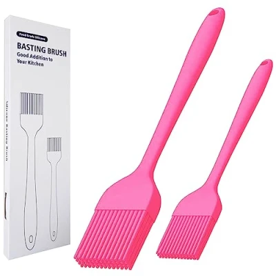 Afbeelding van KitsKap Lot de 2 pinceaux à badigeonner en silicone pour huile, barbecue, grill, cuisson sauce, passe au lave vaisselle (rose)