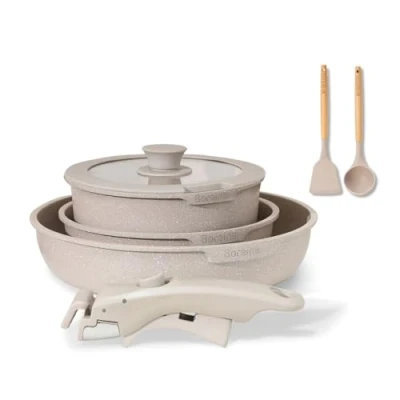 Afbeelding van BOREINE Kookgereiset, inductiekookpan en pan voor alle warmtebronnen met deksel, pannenset afneembare handgreep, antiaanbaklaag, ovenbestendig (bruin, 7 stuks)