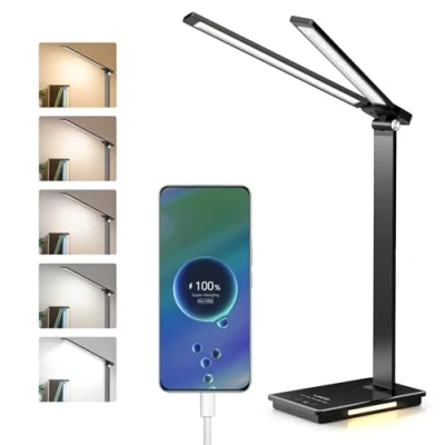 Afbeelding van LENDOO Led bureaulamp, oplaadbaar en dimbaar, 5 kleurmodi, helderheidsniveaus, opvouwbaar, 2000 mAh batterij + met USB poort voor kinderen, studie, werk