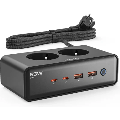 Afbeelding van Voomy 65W Stekkerdoos 2 USB C &amp; A Poorten Stopcontacten Aan / Uit schakelaar Snellader voor Laptop, Telefoon Tablet Oplader, Adapter, Verlengsnoer Zwart