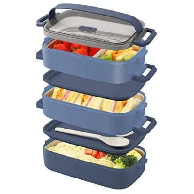 Afbeelding van OITUGG lunchbox met 3 lagen Bento 2200 ml stuks roestvrij staal binnenin Box bestek voor volwassenen, magnetron, BPA vrij, 19,5 x 11,2 15 cm, blauw