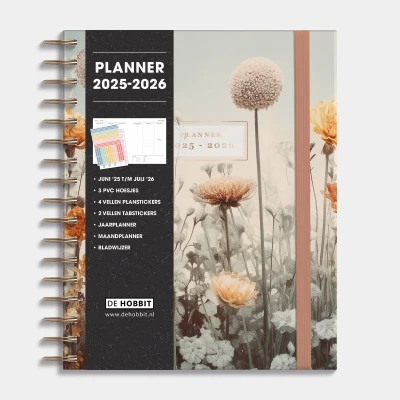 Afbeelding van Hobbit Luxe Weekplanner 2025 2026 1 week op 2 pagina&#039;s Harde Kaft Ringband Planner A5+ (23 x 18,5 cm) Veldbloemen