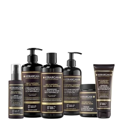 Afbeelding van Kerargan Complete set tegen haaruitval met ricinusolie voor droog, broos, gedevitaliseerd haar Bevordert de groei Zonder sulfaten, parabenen, siliconen 3 x 500 ml+100 ml+350 ml+250 ml
