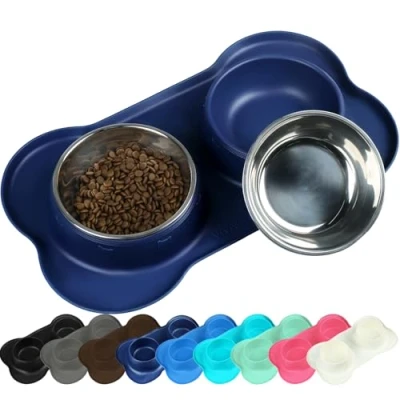Afbeelding van VIVAGLORY Hondenvoerbak voor honden, dubbele bak, hondenbak, roestvrij staal, anti morsen, antislip, marineblauw, medium