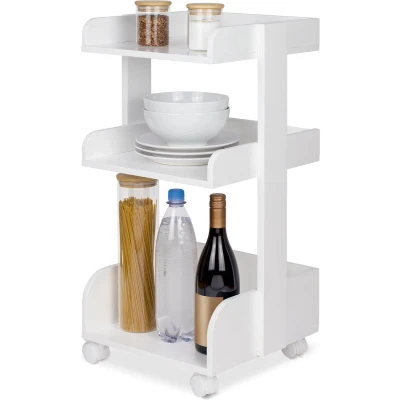 Afbeelding van Bomoe Bosse FSC® Houten Keukentrolley op 4 Vastzetbare Wielen &amp; 3 Etages Serveerwagen 32x35x69cm Wit voor Badkamer Kantoor