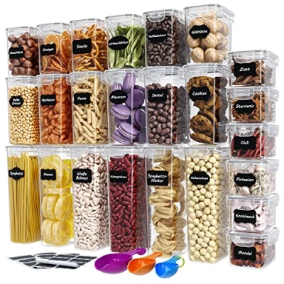 Afbeelding van WELLGRO 24 stuks voorraaddozen met etiketten, krijtstift en maatlepels, deksel, BPA vrij, luchtdicht, vaatwasmachinebestendig