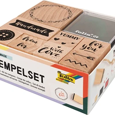 Afbeelding van folia 31107 Handgemaakte houten stempelset met 11 stempels en 2 stempelkussens ideaal voor het versieren van kaarten, vriendschapsboeken, belettering scrapbooking