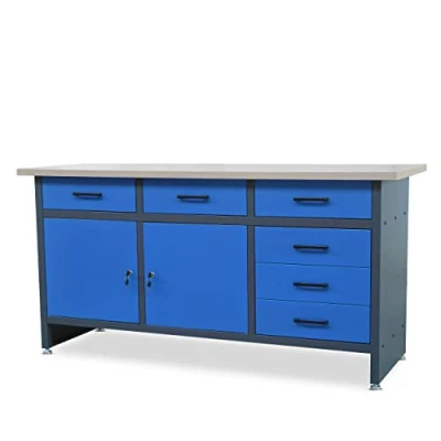 Afbeelding van Werkbank garage met werkblad, 6 laden, 2 afsluitbare vakken, verstelbare poten, metaal, draagvermogen tot 500 kg, 170 cm x 60 85 (antraciet blauw)