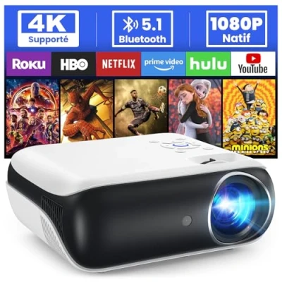 Afbeelding van HOPVISION Ondersteunde 4K projector, miniprojector, Bluetooth 5.1, thuisbioscoop, 9500 lux, beamer, native Full HD 1080P, retroprojector 180 inch voor buiten/huis, Fire Stick/Smartphone/PS5/HDMI
