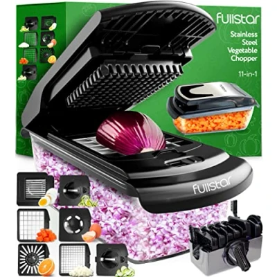 Afbeelding van Multifunctionele groentesnijder, handmatige groentesnijder en kubus, ui, wortel, komkommer, tomaten, fruit, keukenaccessoires (7 in 1 roestvrij staal, zwart)
