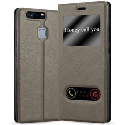 Afbeelding van Cadorabo Hoesje geschikt voor Huawei P9 in STEEN BRUIN Beschermhoes met magnetische sluiting, standfunctie en 2 kijkvensters Book Case Cover Etui