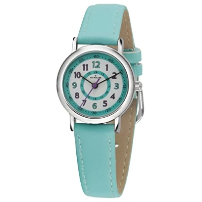Afbeelding van ATRIUM Horloge Kind Kinderhorloge Meisjes Lichtblauw 5 bar Waterdicht Leercijferblad Leren Duidelijk Verstelbaar Bandje Quartz Uurwerk Edelstalen Sluiting A31 106