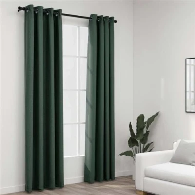 Afbeelding van Gordijnen linnen look verduisterend ogen 2 st 140x225 cm groen