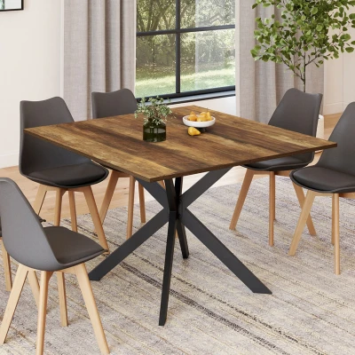 Image de Table à manger carrée 110 cm 8 personnes plateau en bois foncé avec pied araignée métal noir IDMarket