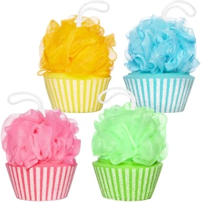 Afbeelding van BRUBAKER Set van 4 Badsponzen Douche Spons Cupcake Peeling 40 g Badballen Kleurrijke Badaccessoires Lichaamsreinigingsspons voor Kinderen en Volwassenen incl. Geschenkverpakking