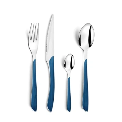 Afbeelding van Nature bestek, tafelbestek voor 6 personen, kunststof handgrepen in houtlook, vaatwasmachinebestendig, marine, 24 stuks