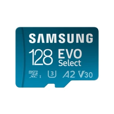 Afbeelding van Samsung EVO Select (2024) 128 GB microSD kaart + SD adapter voor UHS I U3 Full HD smartphone en tablet 160 MB/s MB ME128SA/EU,