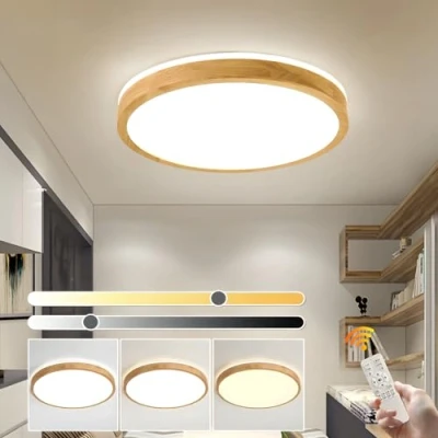 Afbeelding van YYUTLUO Led plafondlamp, hout, rond, van natuurlijk 360 graden, dimbaar, met afstandsbediening, 2700 K 6500 K, 30 W, woonkamer, eetkamer, hal, huis, kantoor, kinderkamer (diameter 40 cm)