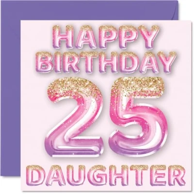 Afbeelding van Verjaardagskaart voor meisjes 25 jaar, roze en paarse glitterballonnen, verjaardagskaarten jarige dochter van mama papa, 145 mm x