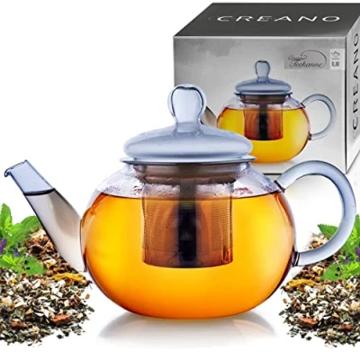 Afbeelding van Creano theepot van glas, 0,8 liter, glazen met roestvrijstalen zeef en deksel, ideale theepers voor het bereiden losse thee, druppelvrij