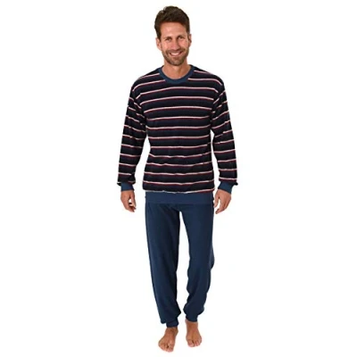 Afbeelding van Badstof pyjama met lange mouwen voor heren gestreepte manchetten 291 101 13 578, Marinier