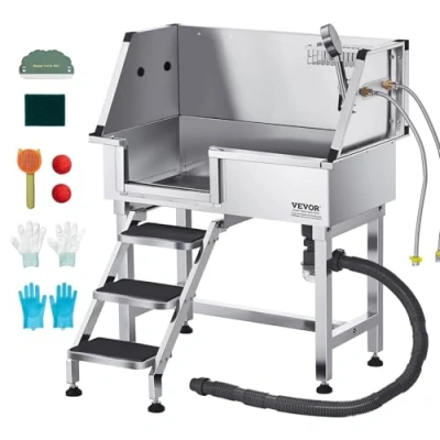 Image de VEVOR Baignoire de Chien Animaux Compagnie Acier Inox 87 cm avec Escalier Gauche