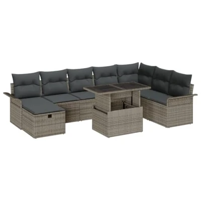 Afbeelding van vidaXL 9 Stuks Tuinbankset met Kussens Grijs Poly Rattan
